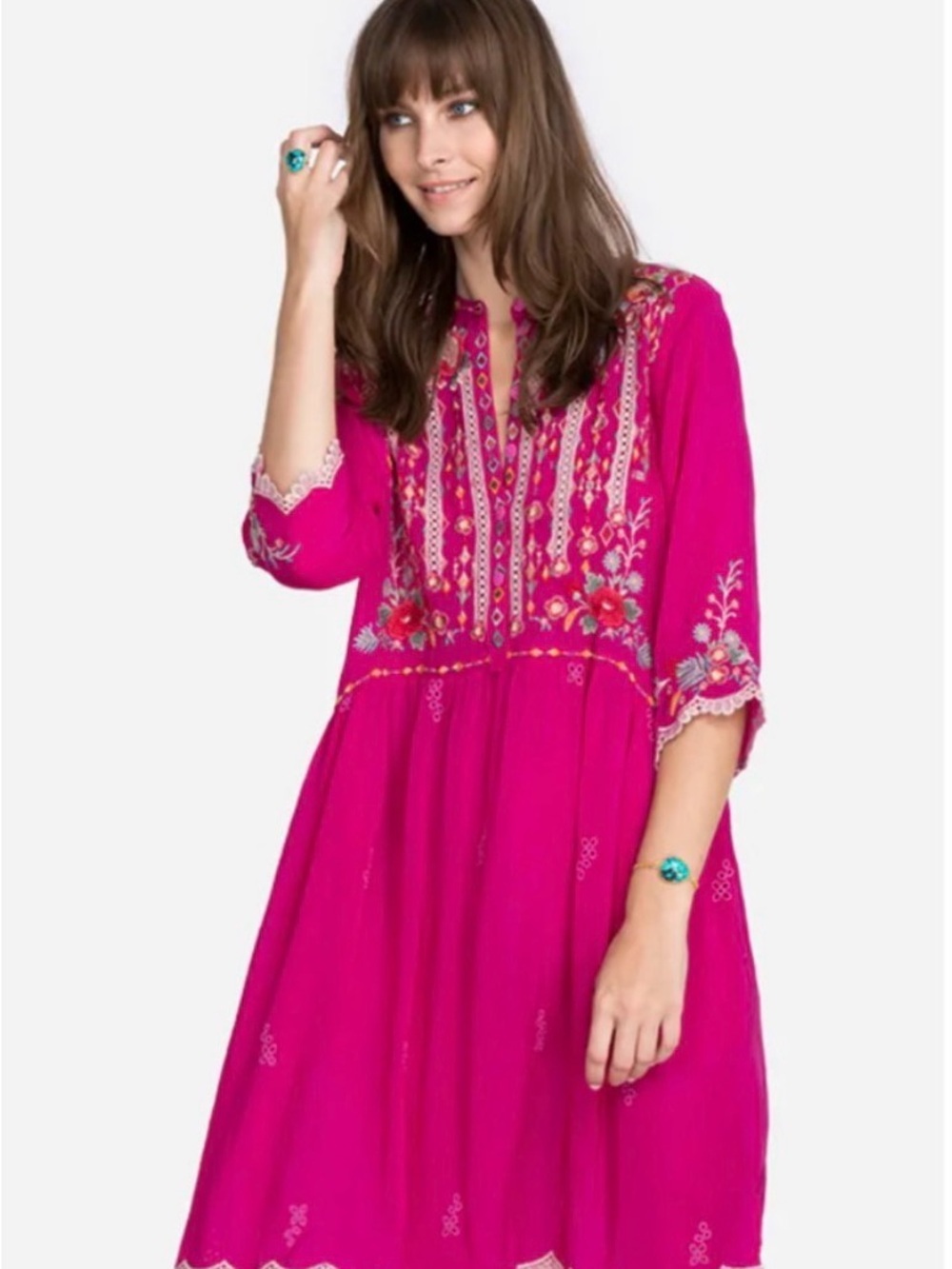 Johnny Was Diega Tunic Hot Pink Embroidered Mini  Dress Size Medium Rare